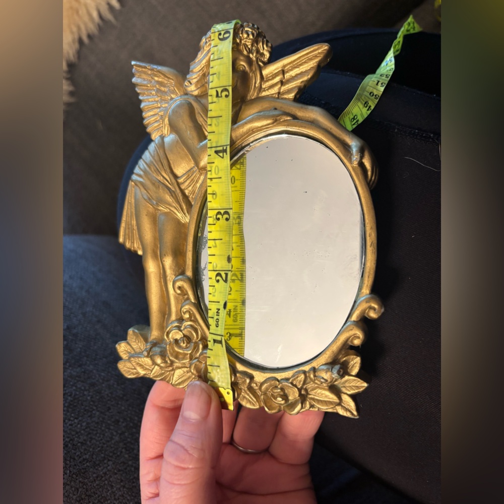 Vintage Gold Cherub Mirror w/ Roses • Romantic Angel Vanity Décor • Collectible - Picture 12 of 14
